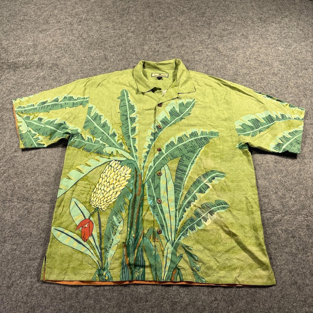 Tommy Bahama Shirt Mens Large Green Banana Leaf Silk‎ Hawaiian Camp Button Up